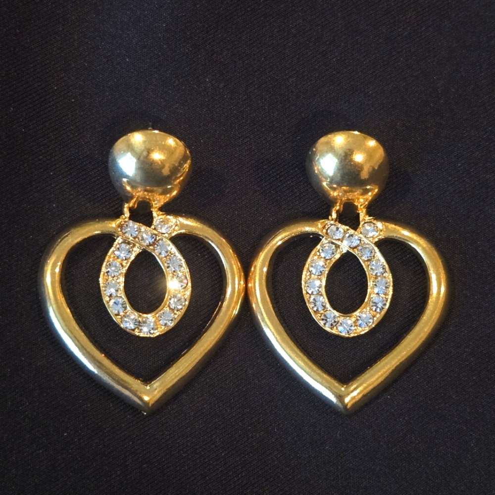 Vintage 80s Large open heart drop earrings rhinestone gold statement piece rare